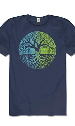 Soul Flower Men's Tree of Life Hemp Short Sleeve T-Shirt - Navy Blue Crew Neck Tee for Men and Women